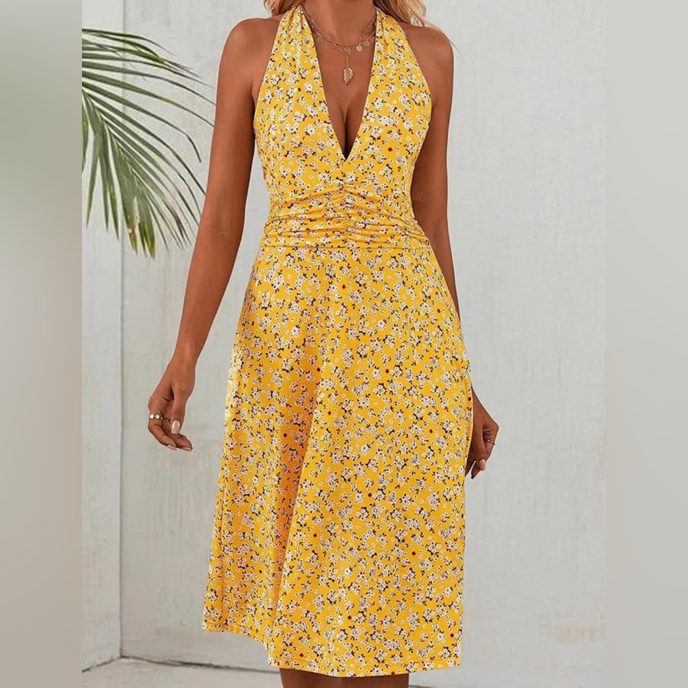 Floral Yellow Halter Dress
